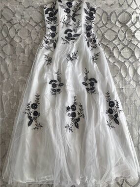 Sean Collection White A-Line Dress with Black Floral Embroidery